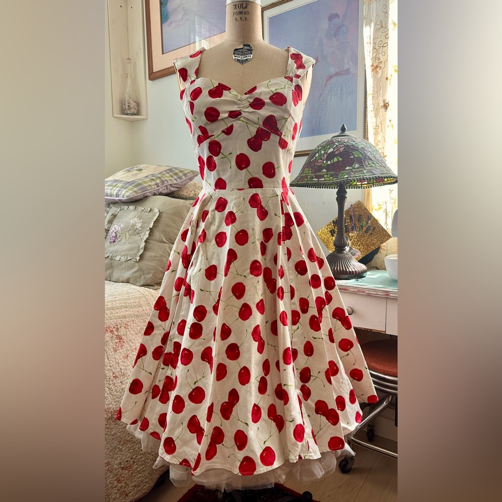Ixia Cherry Print White Sweetheart Bust Midi Dress- Size S